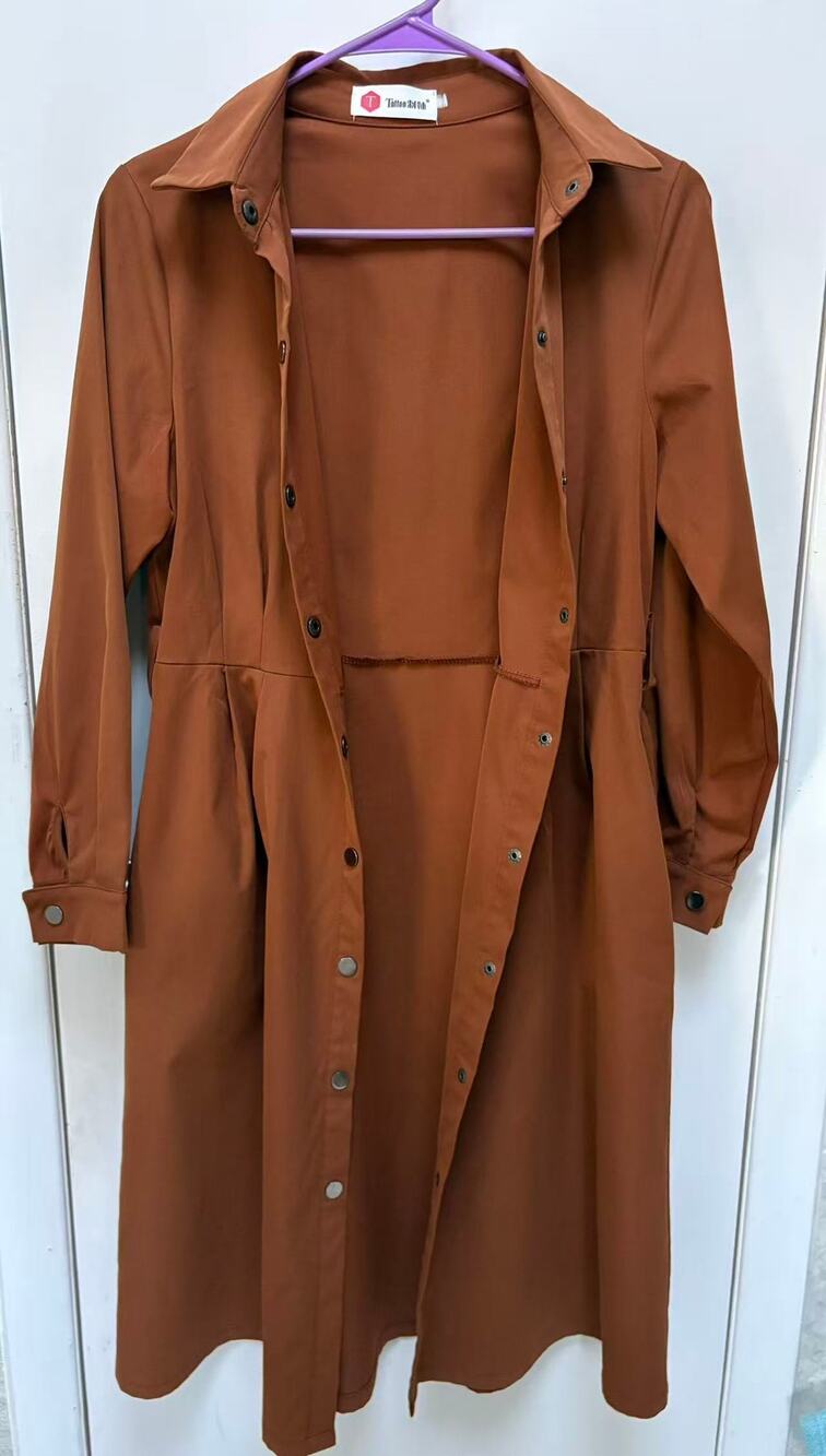 Women's Midi Shirt Dress Long Sleeve Button Front Pleated Waist Brown Size Small
